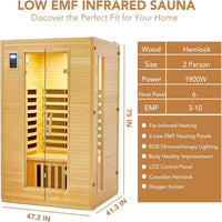 Infrared Sauna Built for Home Wellness, 2 Person Capacity, Low EMF Carbon Heating, Canadian Hemlock Wood