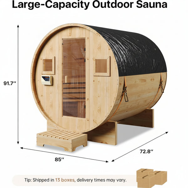 Traditional Barrel Sauna Built for Year-Round Use, 4-6 Person Capacity, 6KW Electric Heater, Steam and Dry Options