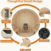 Traditional Barrel Sauna Built for Year-Round Use, 4-6 Person Capacity, 6KW Electric Heater, Steam and Dry Options