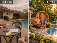 6-Person Patchworkred Cedar Traditional Steam Barrel Sauna — Before & After