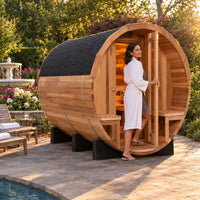 6-Person Patchworkred Cedar Traditional Steam Barrel Sauna — Lifestyle