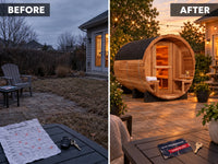 Traditional Steam Sauna Built for 6 People, Cedar Barrel Design, 6000W Heater, Indoor/Outdoor Use — Before & After