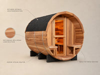 Traditional Steam Sauna Built for 6 People, Cedar Barrel Design, 6000W Heater, Indoor/Outdoor Use — Feature Infographic