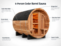 Traditional Steam Sauna Built for 6 People, Cedar Barrel Design, 6000W Heater, Indoor/Outdoor Use — How It Works